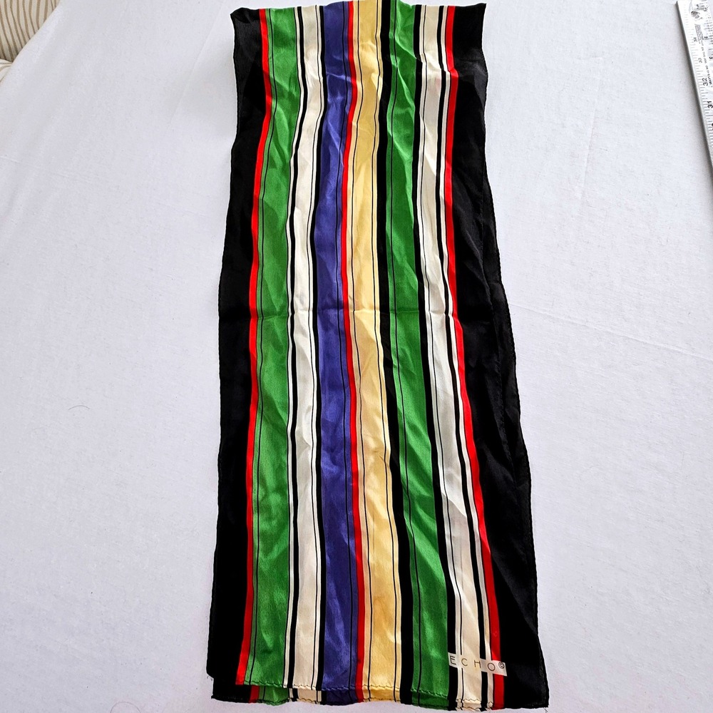 Echo Vintage Vertical Stripe Oblong Scarf Green Blue Red Black Yellow Cream